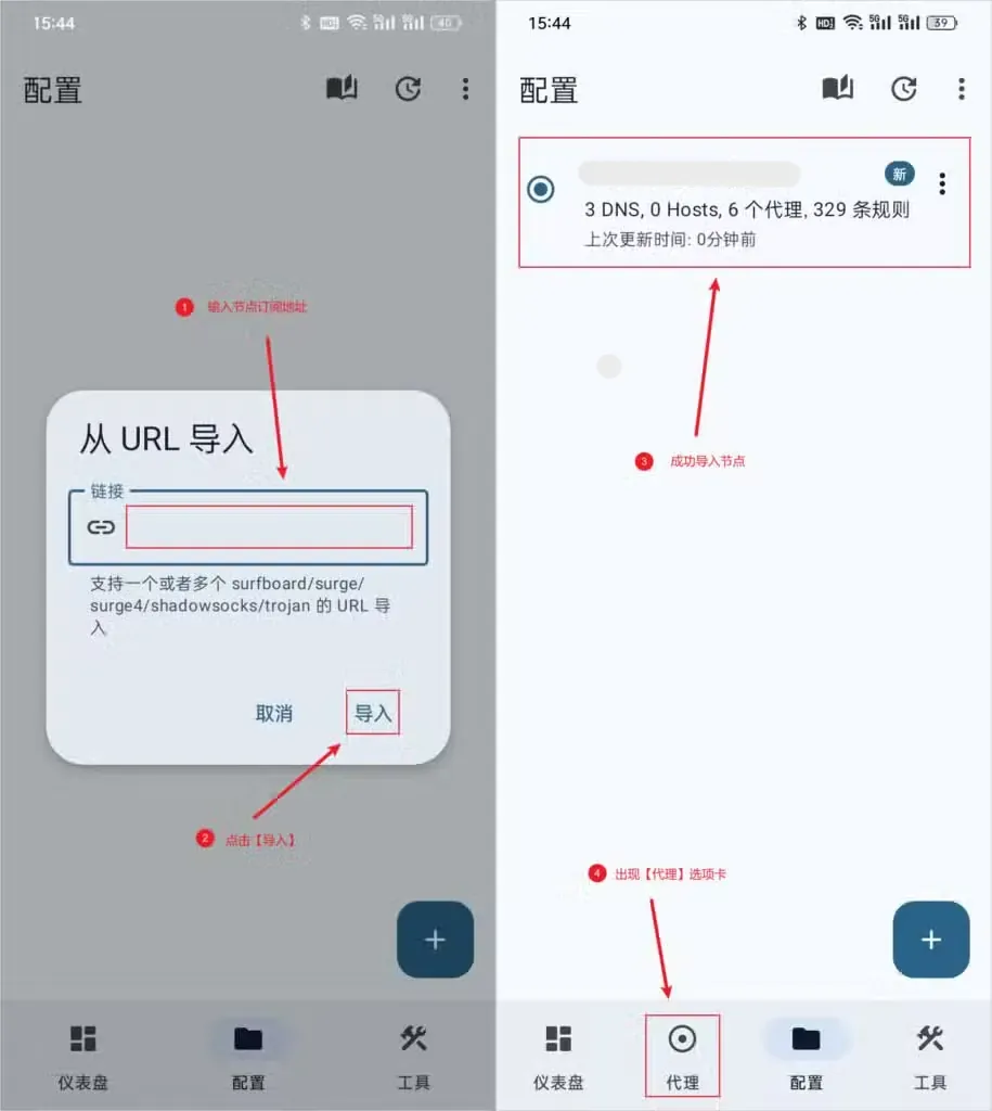 在从 URL 导入的对话框里粘贴订阅链接后点导入,配置页出现一张带新字标记的配置卡片,底部同时多了代理标签。