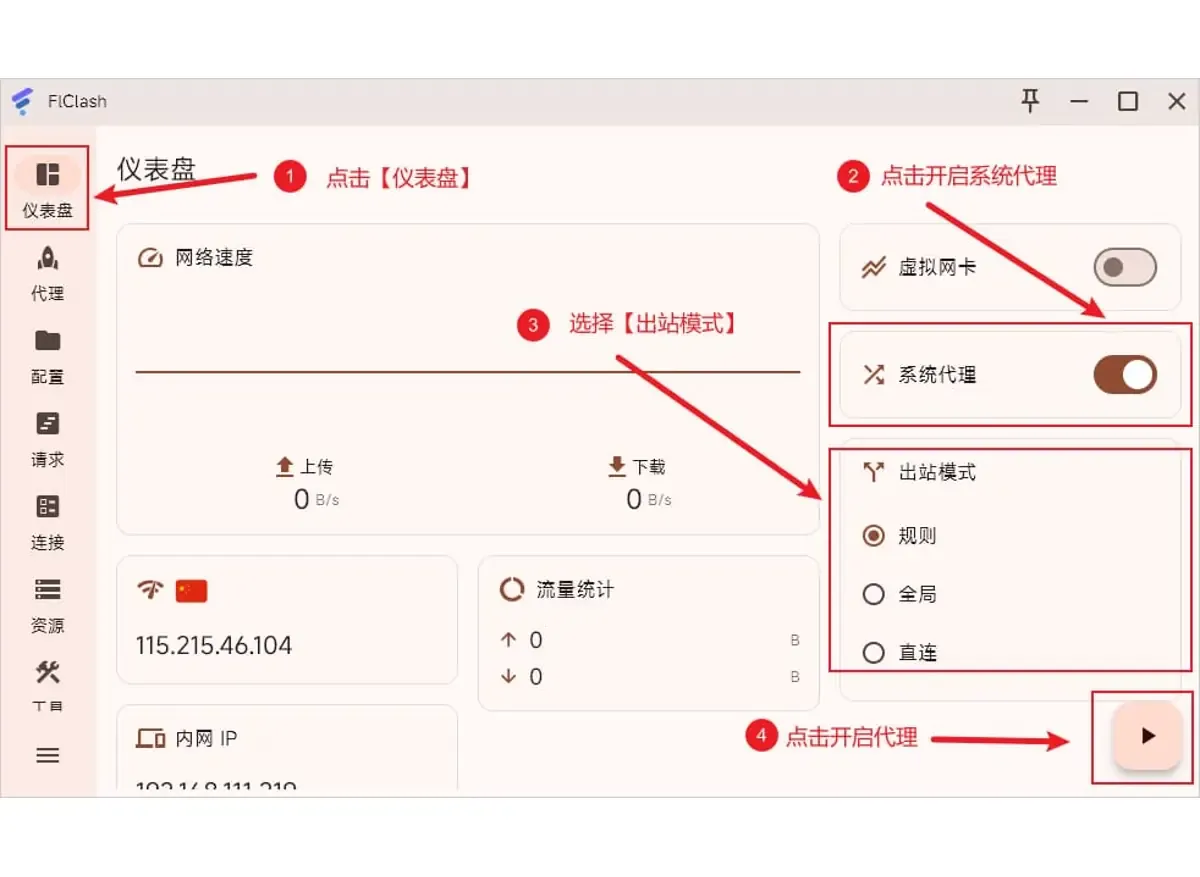 在 FlClash 仪表盘上打开系统代理开关,出站模式选择规则,再点击右下角的按钮启动代理