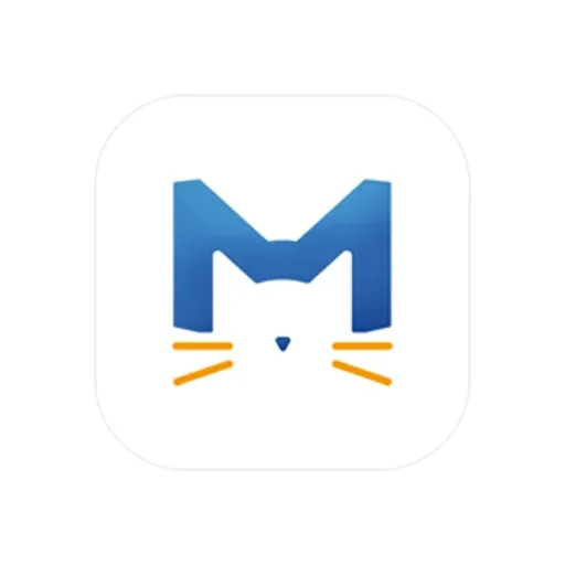 这是改名前 Mihomo Party 时期的应用图标,蓝色字母 M 配两撇橙色的猫胡须。