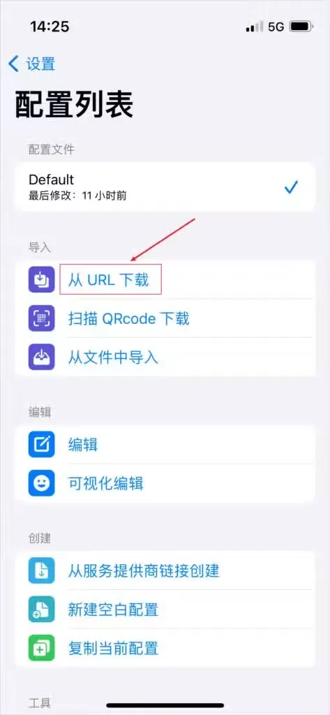 配置列表页的导入分组里有从 URL 下载、扫描 QRcode 下载和从文件中导入三项,从 URL 下载被红框标出。