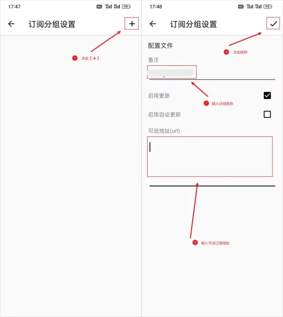 订阅分组设置里点加号新建分组,填备注、保持启用更新,把订阅链接粘到可选地址框后点对勾保存