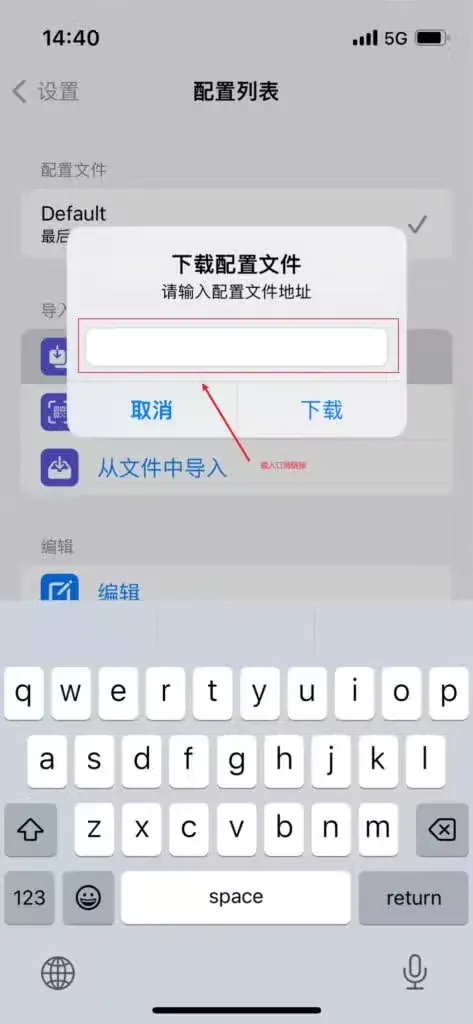 下载配置文件对话框要求输入配置文件地址,把机场订阅链接粘贴到输入框后点右侧的下载。