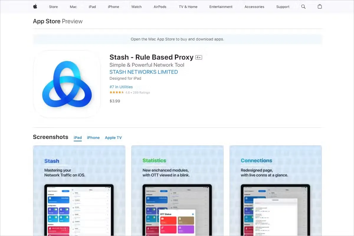 苹果官网的 App Store 预览页显示应用名 Stash - Rule Based Proxy,开发者 STASH NETWORKS LIMITED,截图时的标价是 3.99 美元。