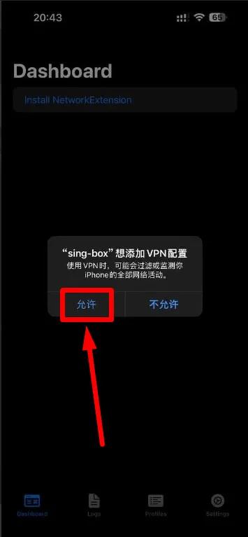 允许 sing-box 添加 VPN 配置